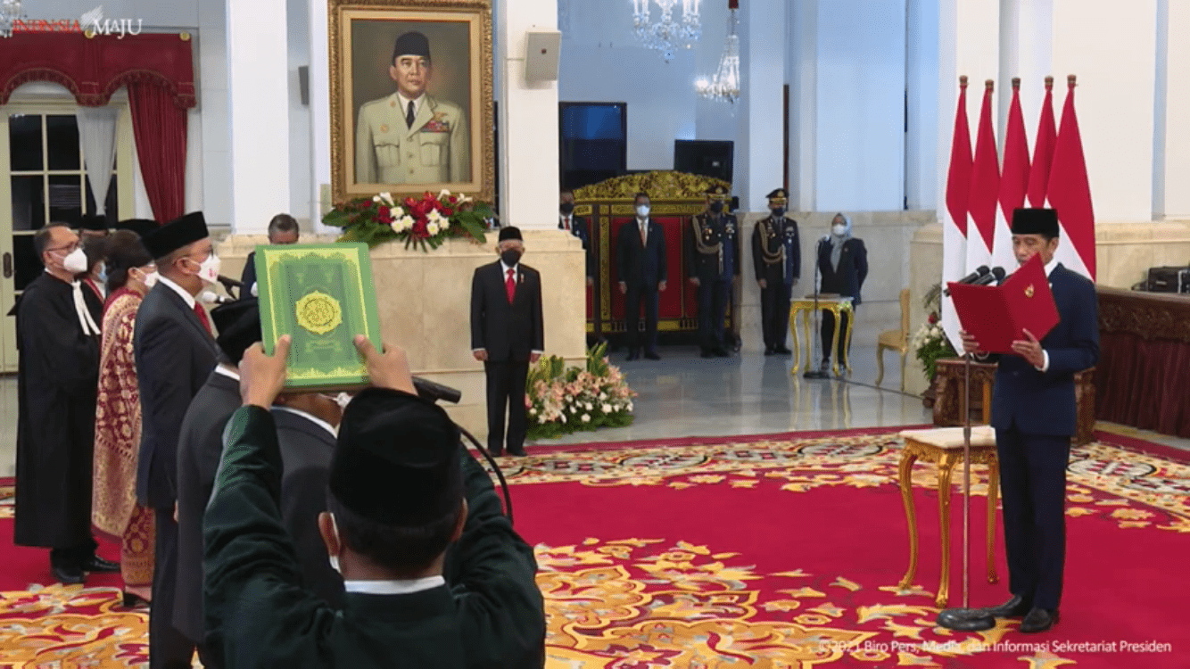 Suasana pelantikan 17 Duta Besar Republik Indonesia yang digelar di Istana Negara, Jakarta Pusat, pada Senin (25/10/2021).