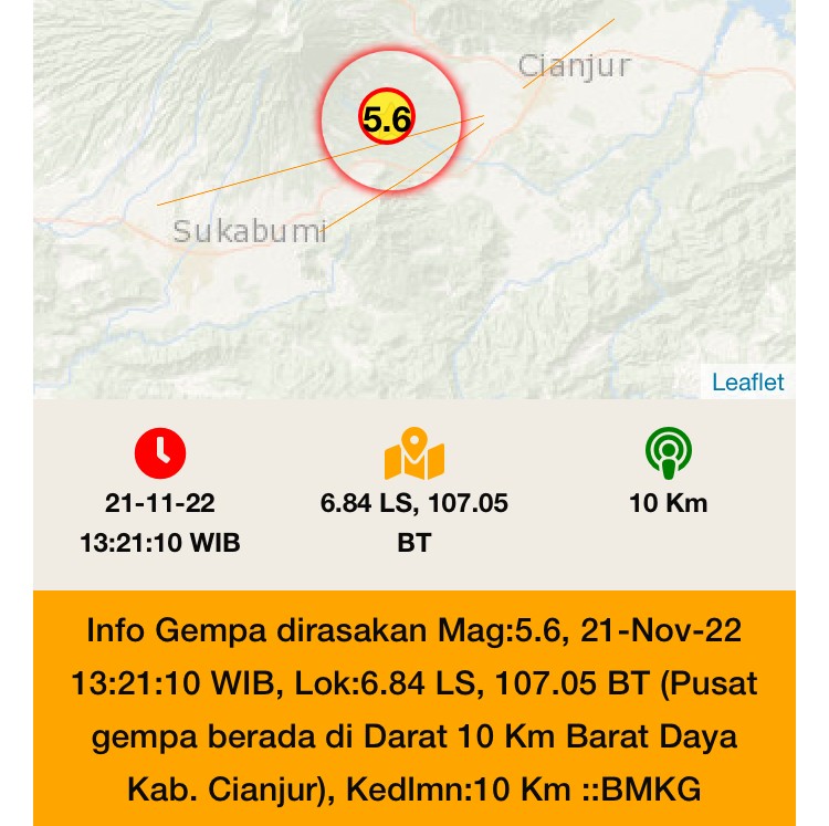 Tangkapan layar lokasi gempa Cianjur yang dirasakan guncangannya di sejumlah wilayah Jabodetabek
