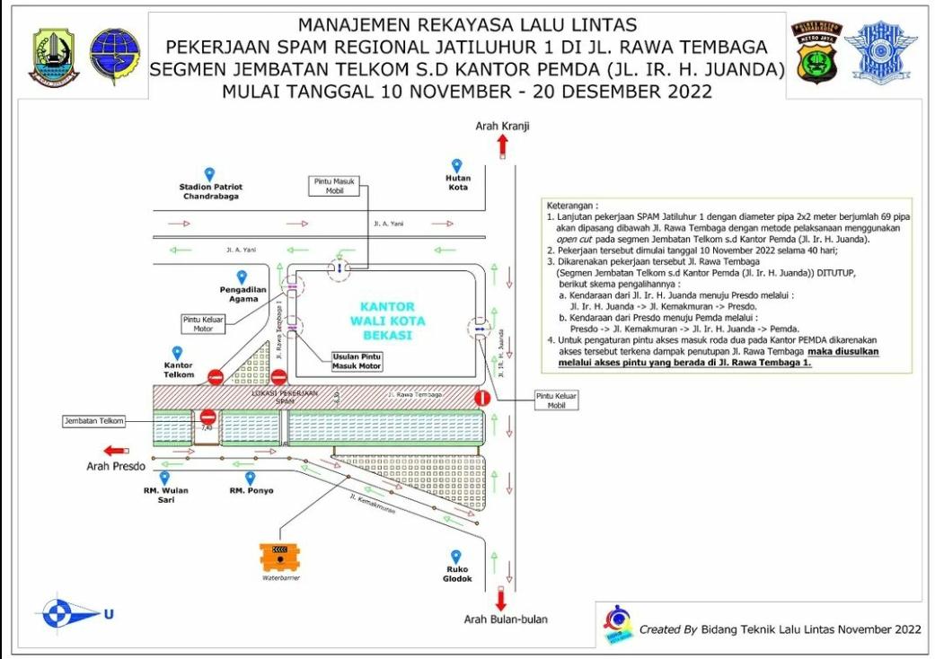Dishub Kota Bekasi melakukan pelaksanaan manajemen rekayasa lalu lintas (Lalin) terhadap pekerjaan SPAM Regional Jatiluhur 1 di Jalan Rawa Tembaga Segmen Jembatan Telkom hingga Kantor Pemkot Bekasi (Jalan Ir H Juanda).