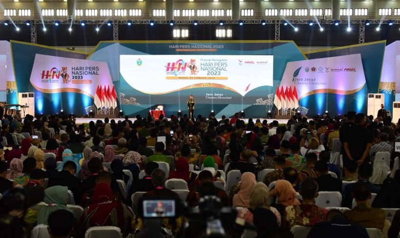 Suasana Hari Pers Nasional (HPN) saat Presiden Jokowi memberikan sambutan dan menyebut dunia pers sedang tidak baik-baik saja di Gedung Serba Guna Pemerintah Provinsi Sumatera Utara, Kabupaten Deli Serdang, Kamis (9/2/2023).