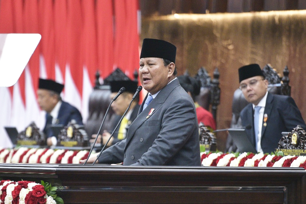 Presiden Prabowo Subianto saat menyampaikan agenda prioritas RAPBN 2026 di sidang paripurna DPR, Jumat (15/8/2025).