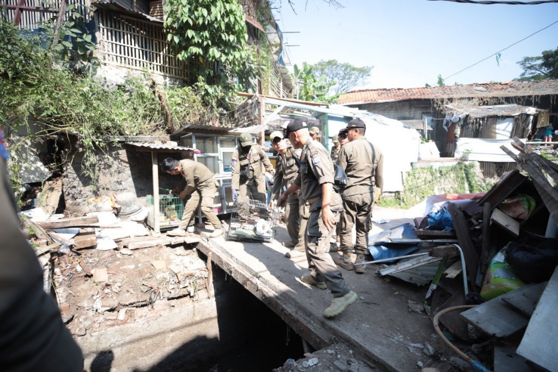 Satpol PP Bandung saat menertibkan bangunan di atas Sungai Cikakak, upaya normalisasi DAS, Rabu (10/6/2026).