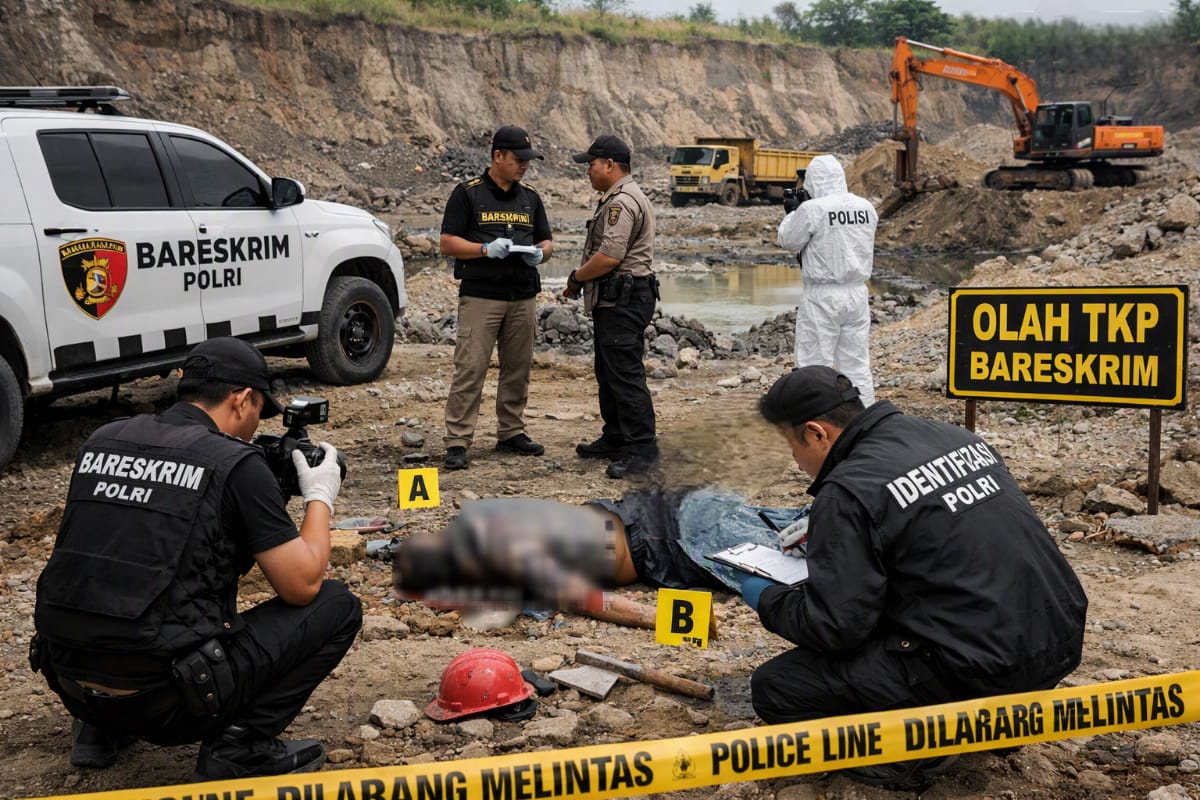 Tim Reskrim Polres Indramayu melakukan olah TKP di lokasi tewasnya operator eksavator di lokasi tambang ilegal. Gambar Ilustrasi.